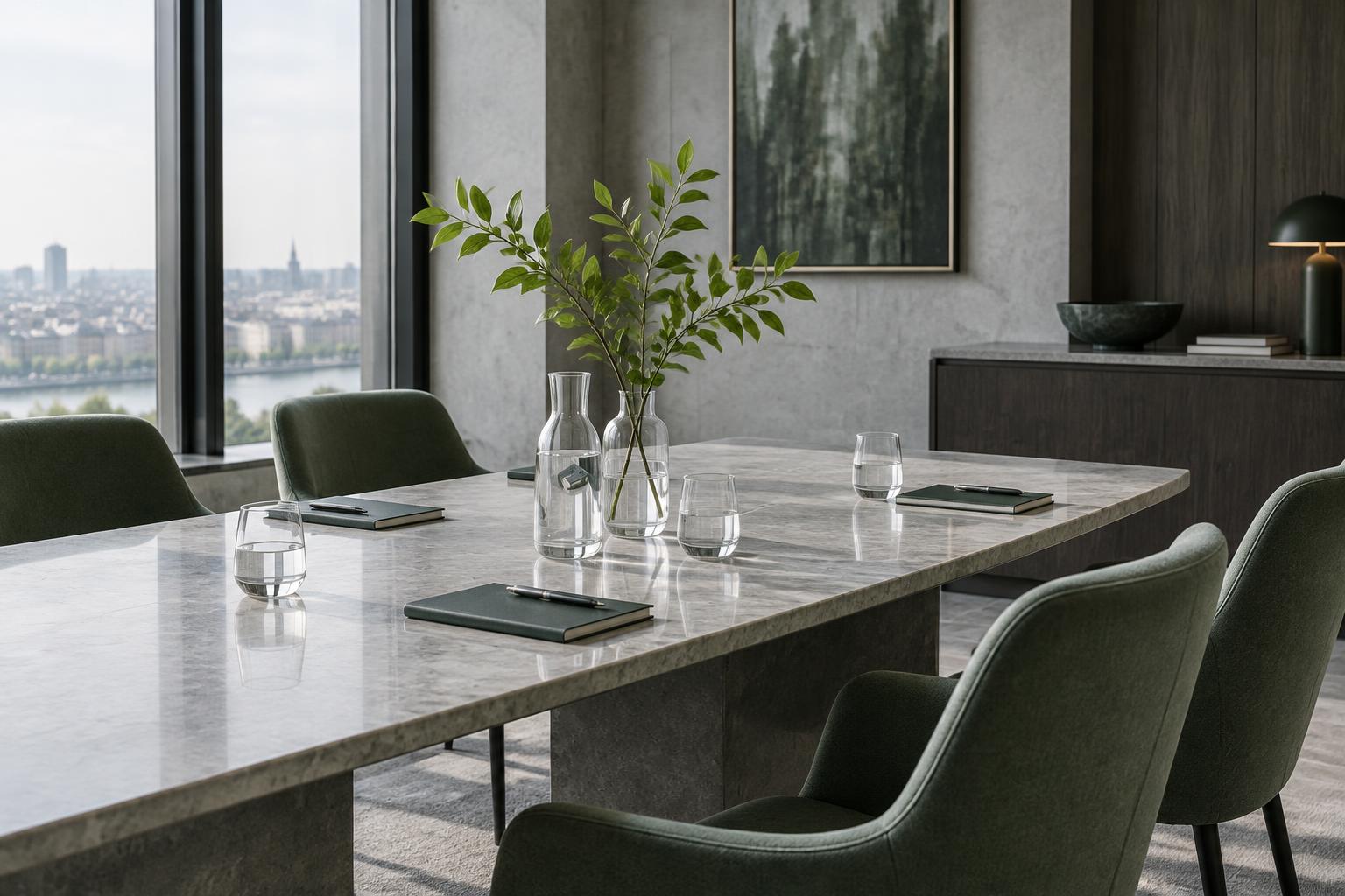 A prepared meeting room with green chairs and welcome notebooks
